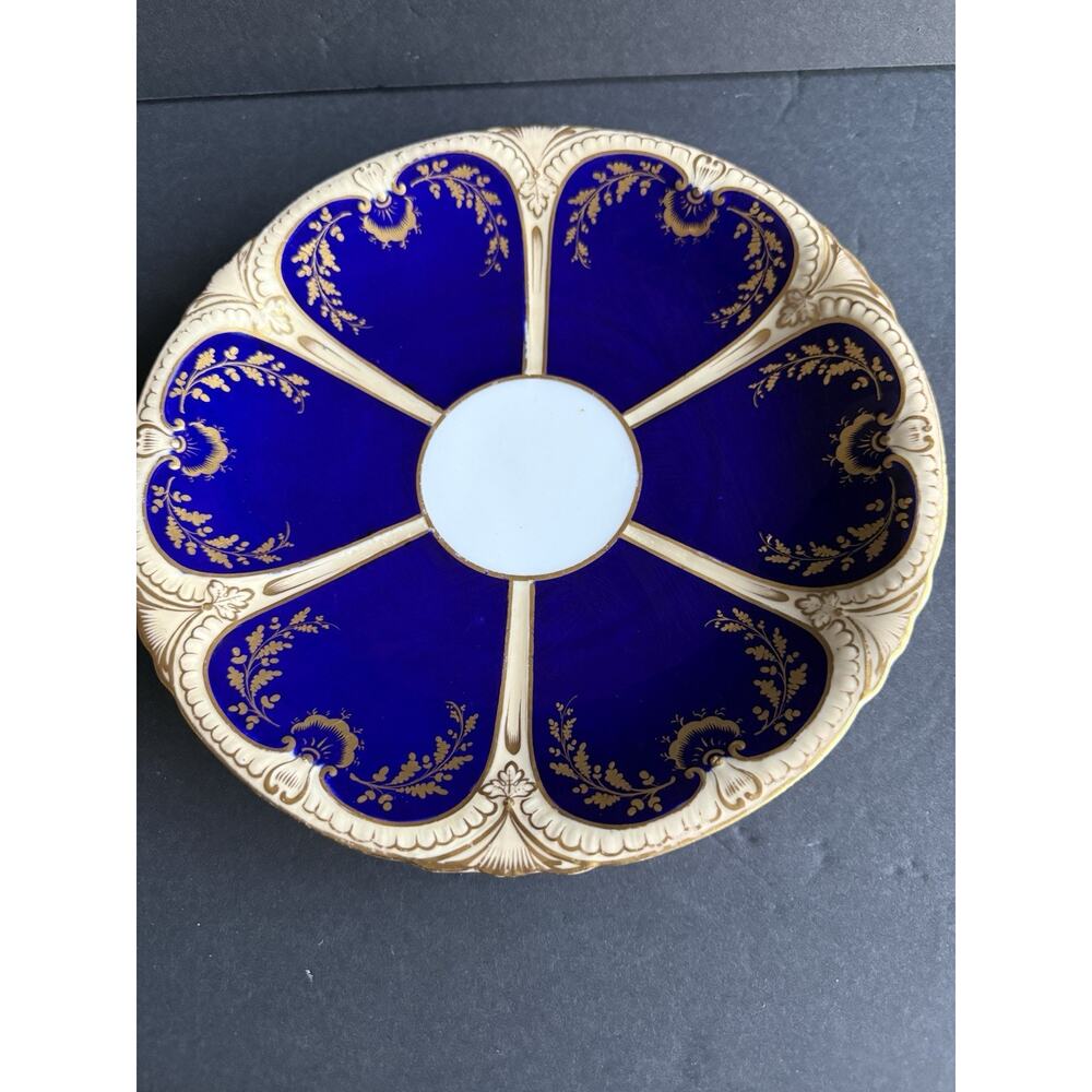 Vintage Bone China Blue White Serving Platter Gold Flower Trim Servingware 9”